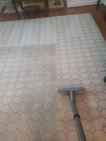 Beige geometric area rug being cleaned with truck-mounted hot water extraction, before and after visible